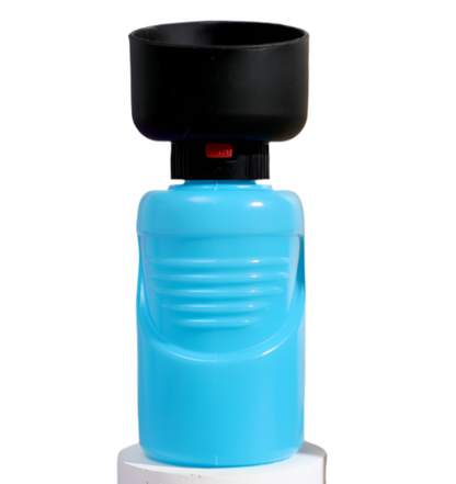 Blue dog water bottle  with black top on a white background