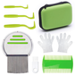 Set of lice treatment tools including combs, a case, gloves, and a bottle on a white background.