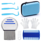 Set of lice treatment tools including combs, case, gloves, and bottle on a white background