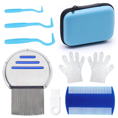 Set of lice treatment tools including combs, case, gloves, and bottle on a white background
