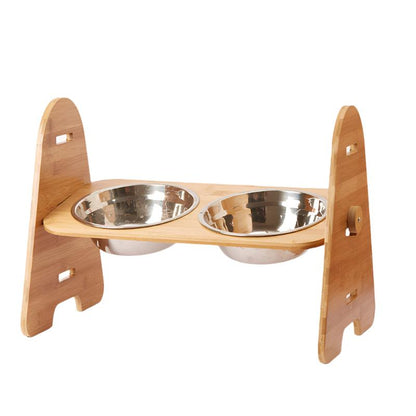 Adjustable Bamboo Pet Bowl with Stainless Steel Bowls