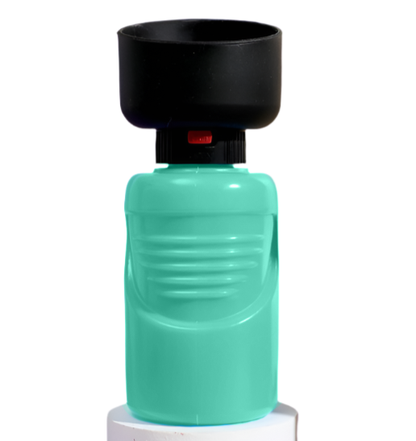 Turquoise dog water bottle with black nozzle on a white background