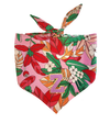A bandana with a tropical print featuring various colorful leaves and a customizable patch, designed for small to medium dogs.