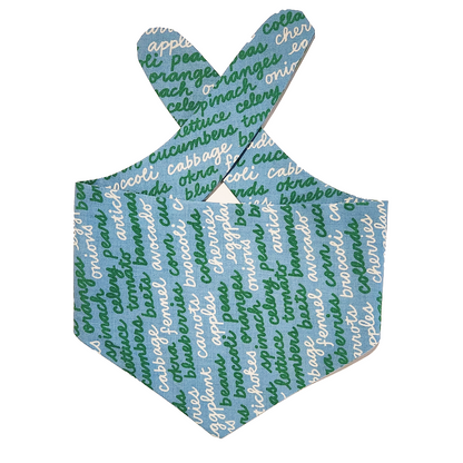 Blue bandana with fruits and vegetable green text on a white background