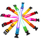 A selection of colorful LED dog collars with adjustable straps and buckle closures, illuminated in various colors.